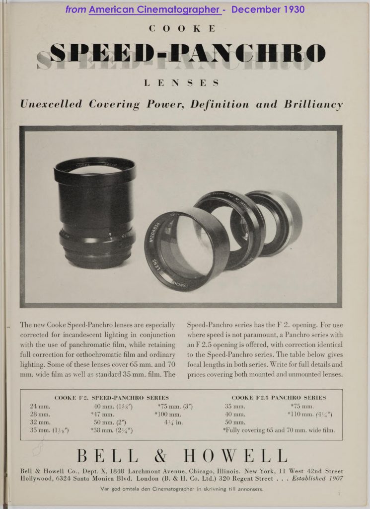 Cooke Speed Panchro lens ad from "American Cinematographer", December 1930