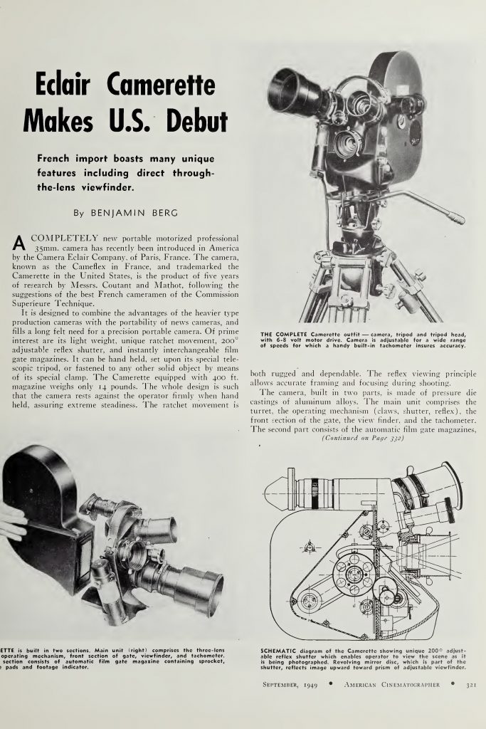 Ad for Eclair Camerette "CM3" camera from "American Cinematographer", September 1949