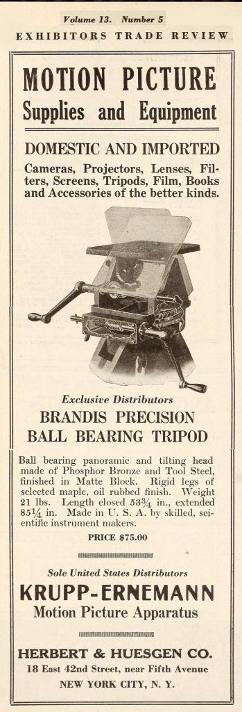 Ad for the Herbert & Huesgen Tripod from "Exhibitors Trade Review", December 1922