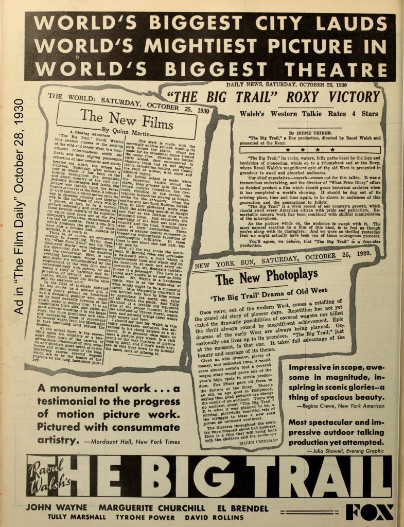 Ad for "The Big Trail" in "The Film Daily" from October 28, 1930