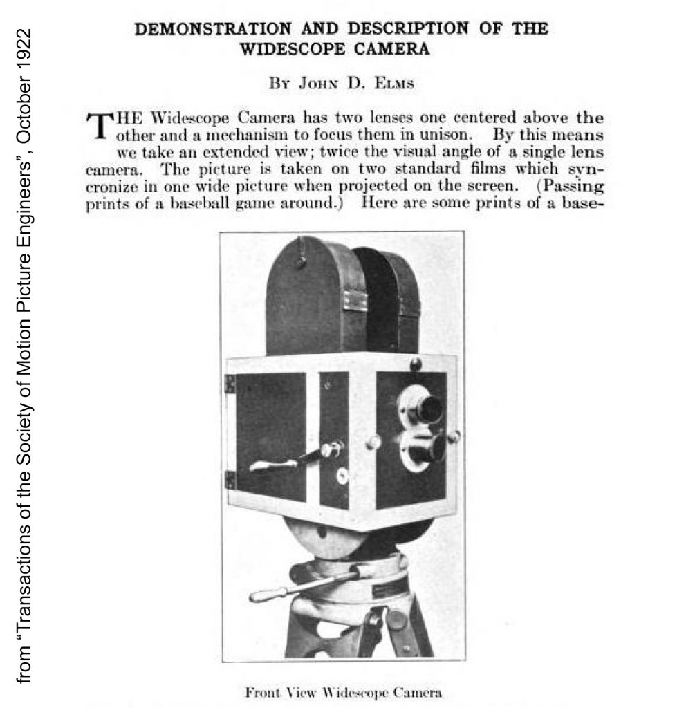 Image of Elm's Widescope camera from "Transactions of the Society of Motion Picture Engineers", October 1922