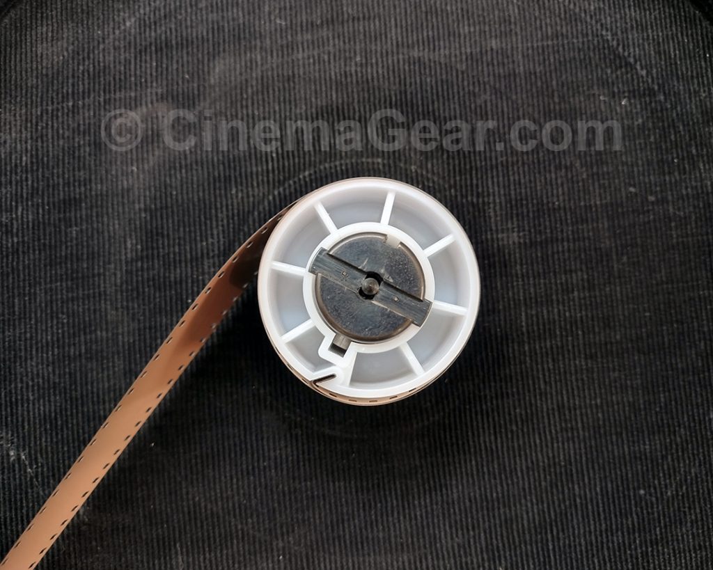 Twentieth Century-Fox Cine Simplex camera magazine light trap and film core retaining pins demonstration