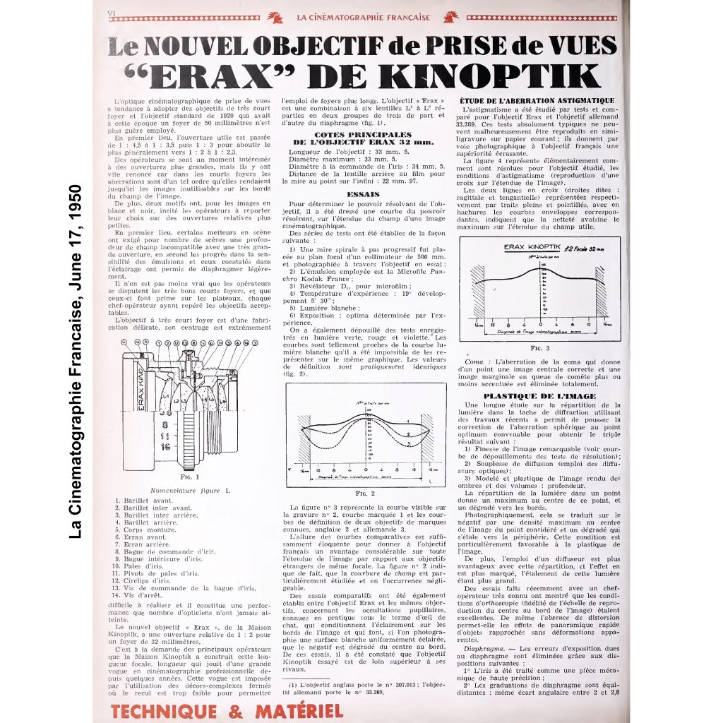 La Cinematographis Francaise June 1950- Kinoptik Erax article, pg. 1