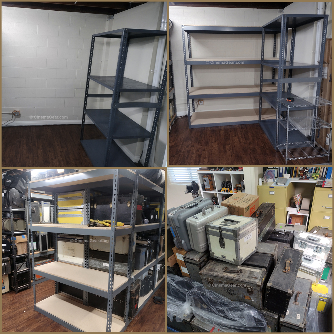 A series of four images of our warehouse space, the first three showing the space we emptied and the new shelves we assembled for better storage. The 4th image shows a towering pile of all of the equipment cases we moved out of the warehouse to build the shelving.