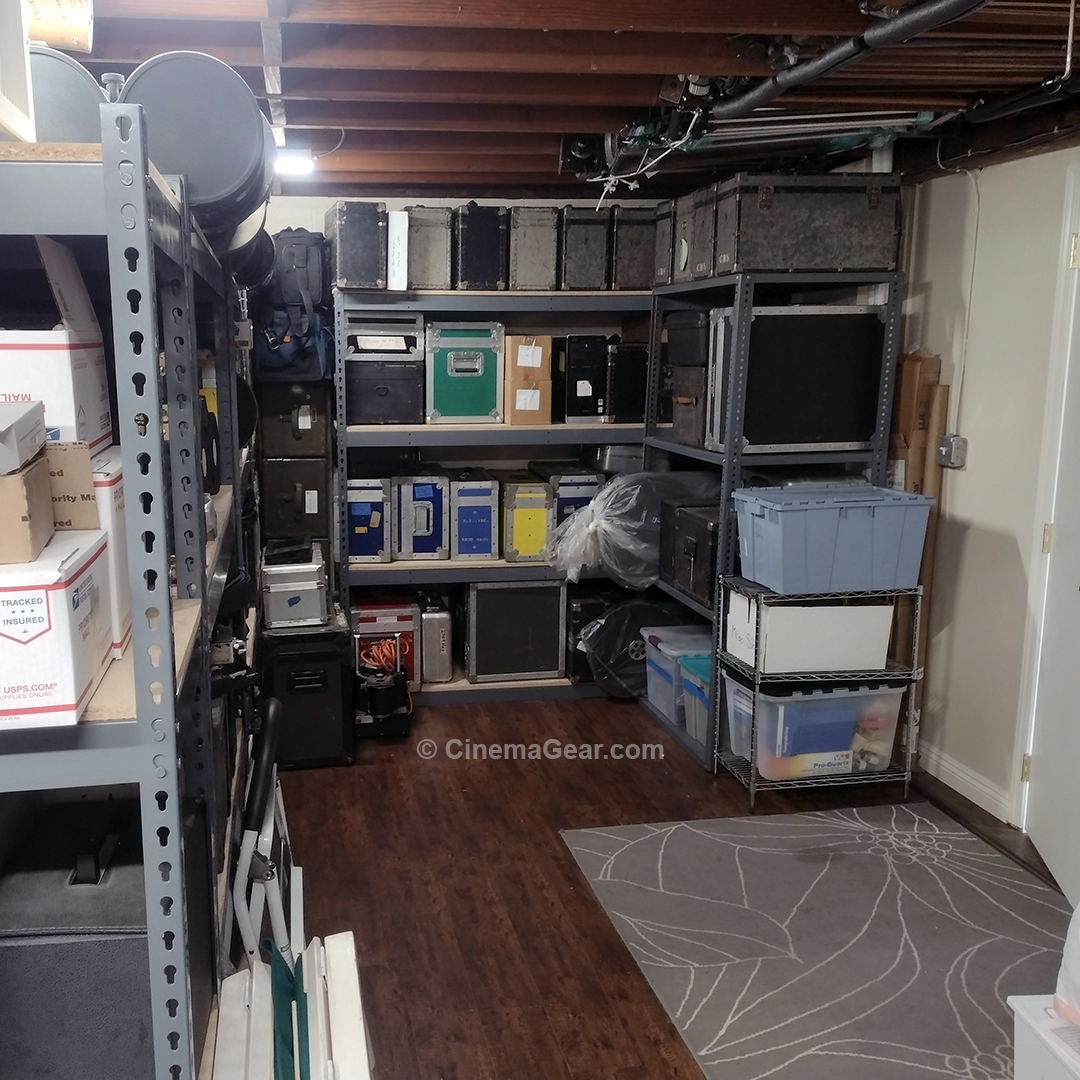 A look at the front corner of our warehouse space where the Showscan equipment once was, now lined with shelves that are filled with equipment cases