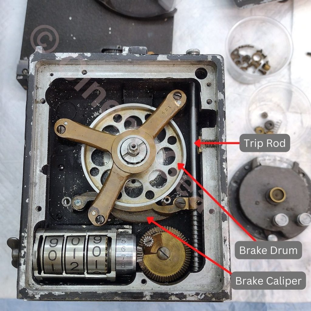 Mitchell 46 fade-in/fade-out brake, caliper, flywheel, and trip rod