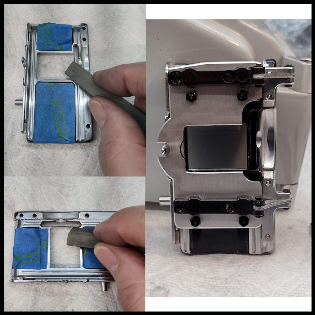 The process of stoning and polishing the machine surfaces of the aperture plate, and the reassembled aperture/pressure plate assembly