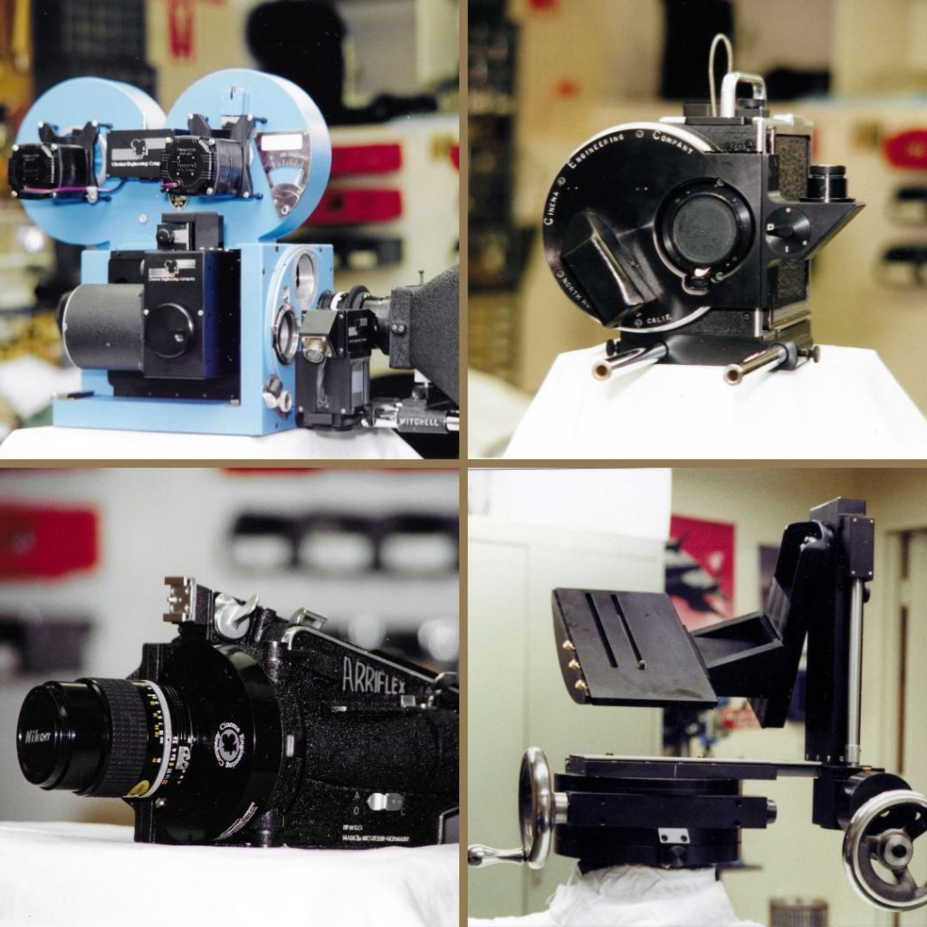 An overview of 4 past projects: a Mitchell GC accessorized for motion control, a Bell & Howell 2709 with a Nikon hard front, an ARRI M with a Nikon hard front, and a nodal point compensating geared head.