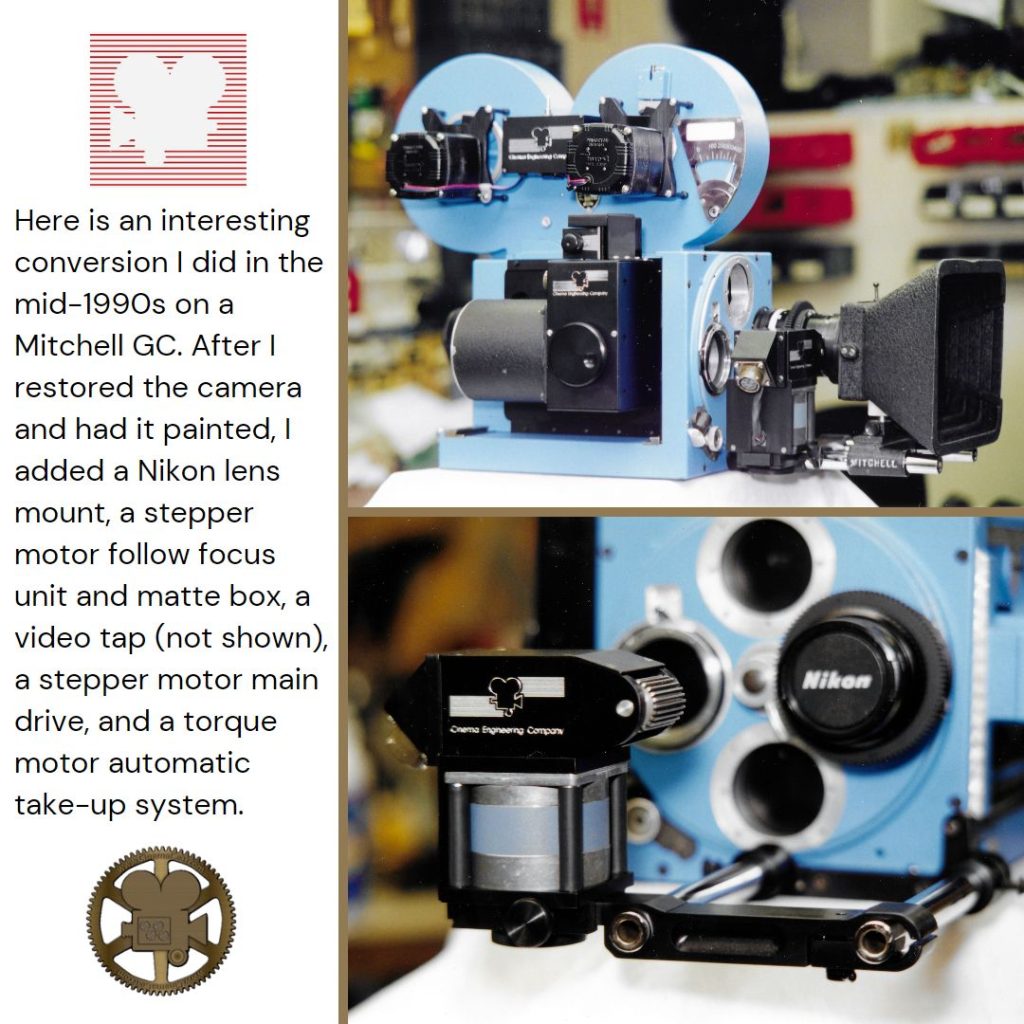 Two views of a blue Mitchell GC accessorized for motion control work.