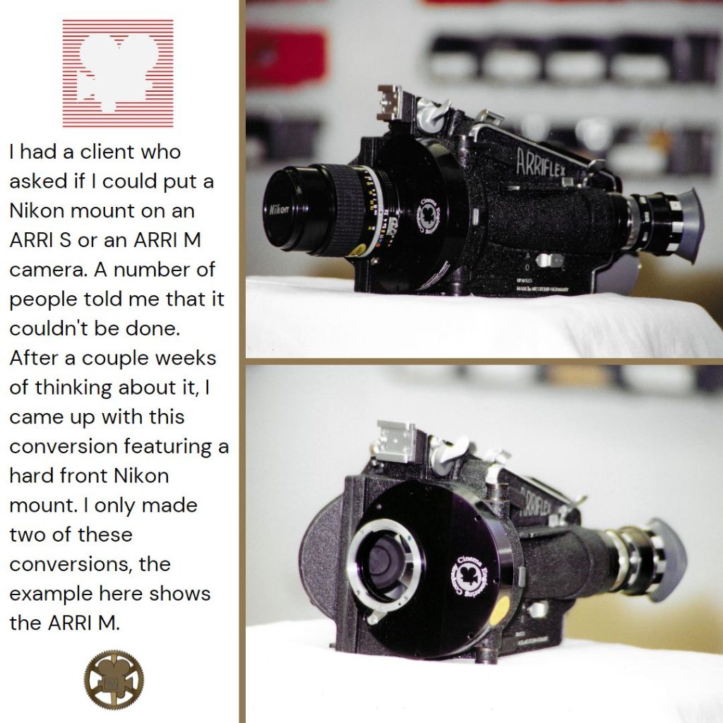 Two views of an ARRI M camera with a Nikon lens hard front.