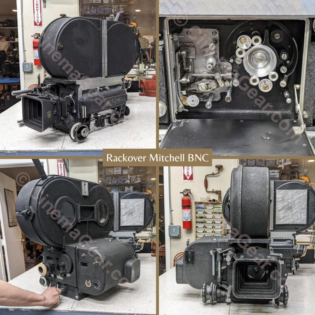 Four views of the rackover Mitchell BNC, including a ¾ view of the front, a close-up of the interior with the movement, the back of the camera with the rackover handle, and the front of the camera with the matte box attached.
