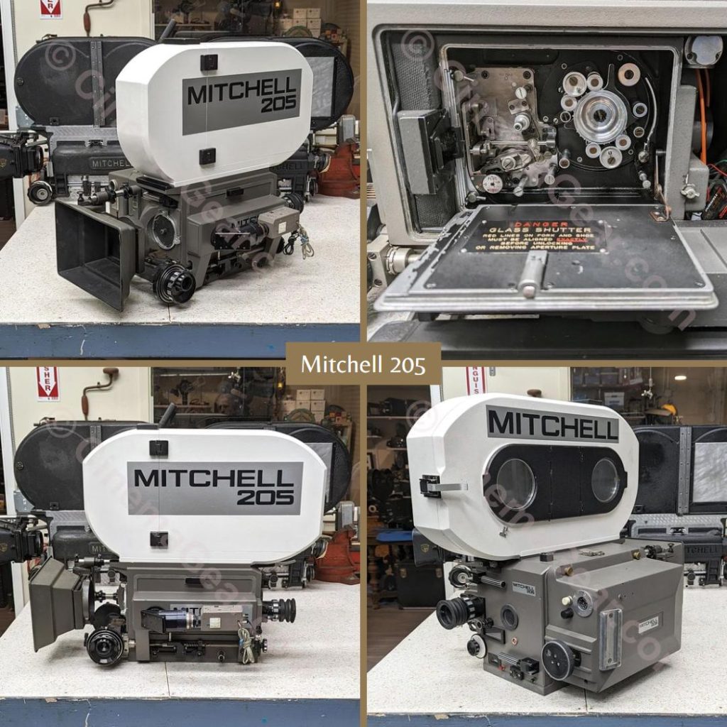 Four views of the Mitchell 205 camera, including a ¾ view of the front of the camera, a close-up of the interior with the movement, the side of the camera, and a ¾ view of the back of the camera.