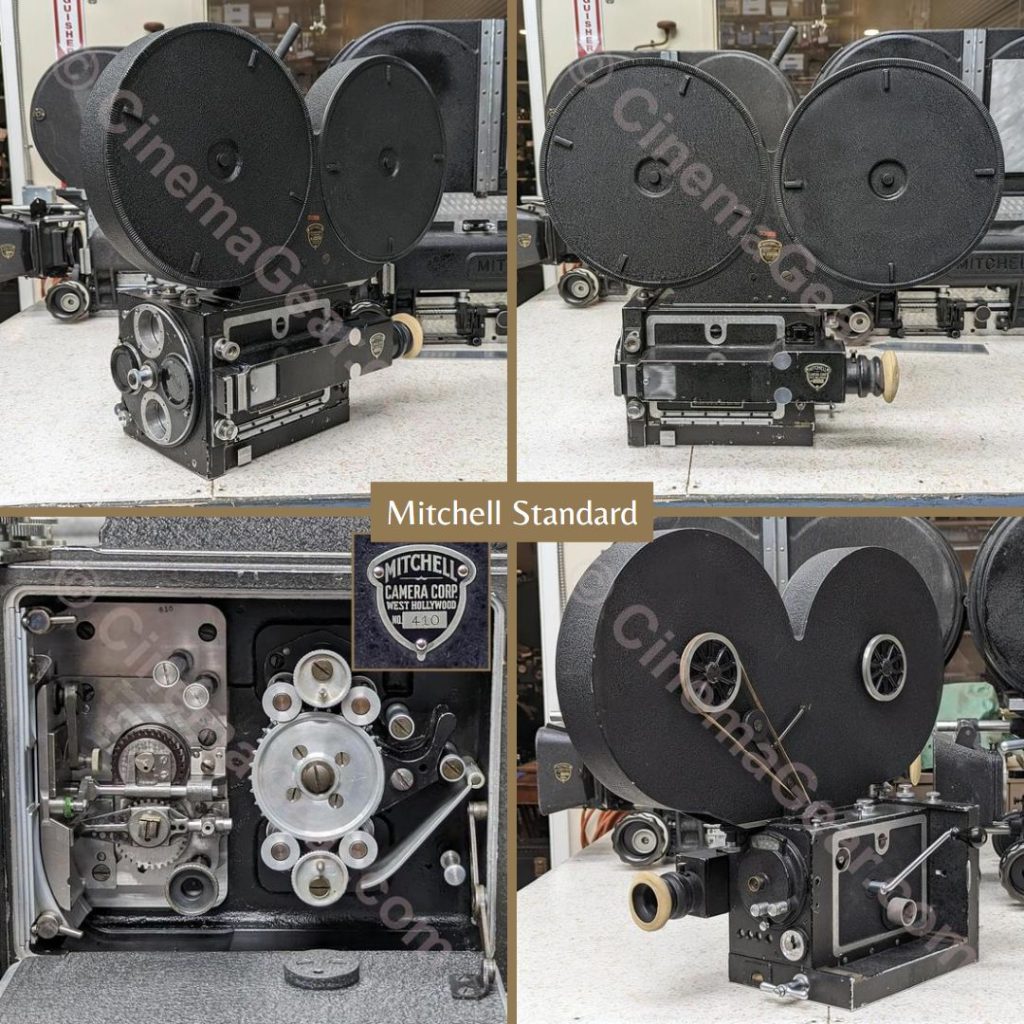 Four views of the Mitchell Standard camera with a Mitchell 1000’ magazine mounted, including a ¾ view of the front of the camera, the side of the camera, a close-up of the interior with the movement and an inset of the Mitchell badge, and a ¾ view of the back of the camera.