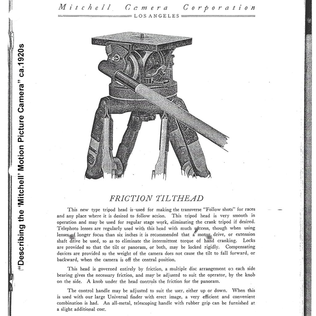A page from the 1920s Mitchell Camera Corporation product catalog titled “Describing the ‘Mitchell’ Motion Picture Camera”, featuring the Mitchell Friction Tilthead.