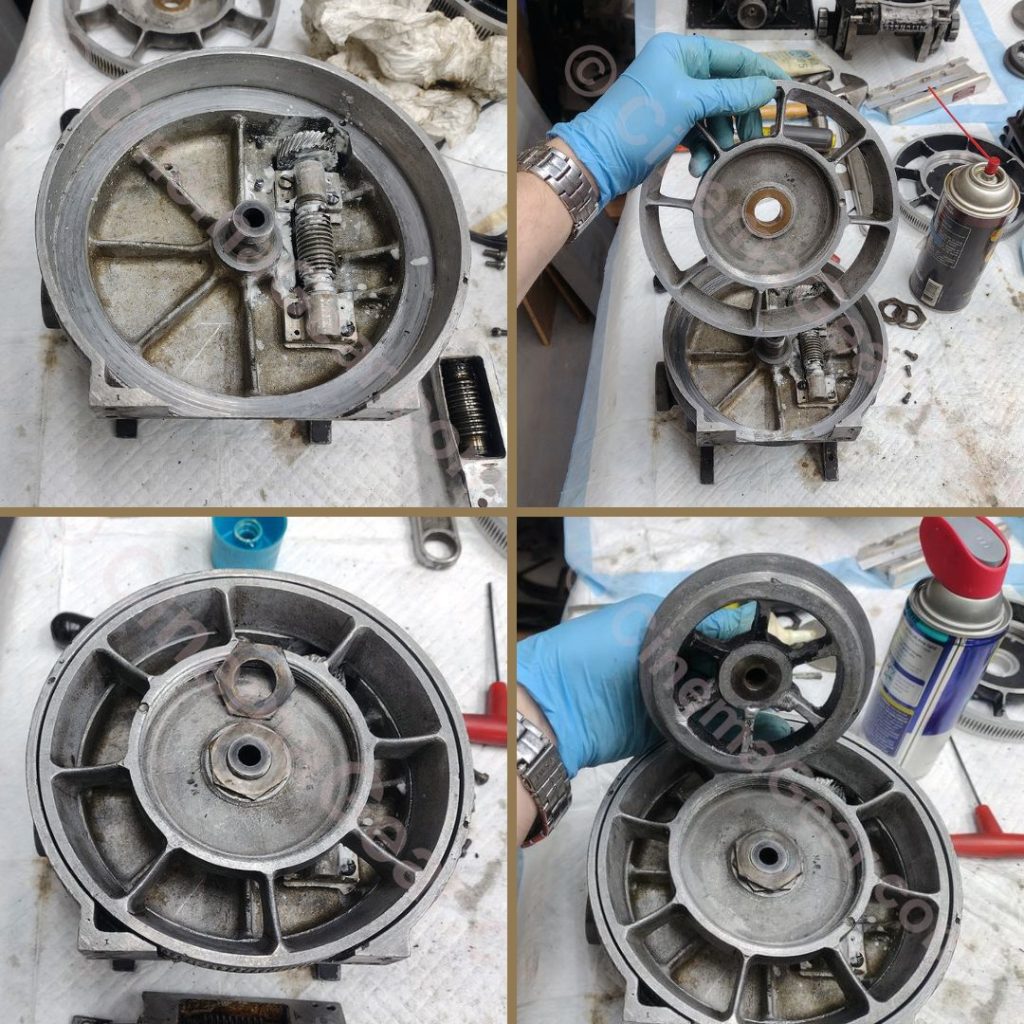 A sequence of photos showing the reassembly of the pan and tilt drive components of the Mitchell Geared Head