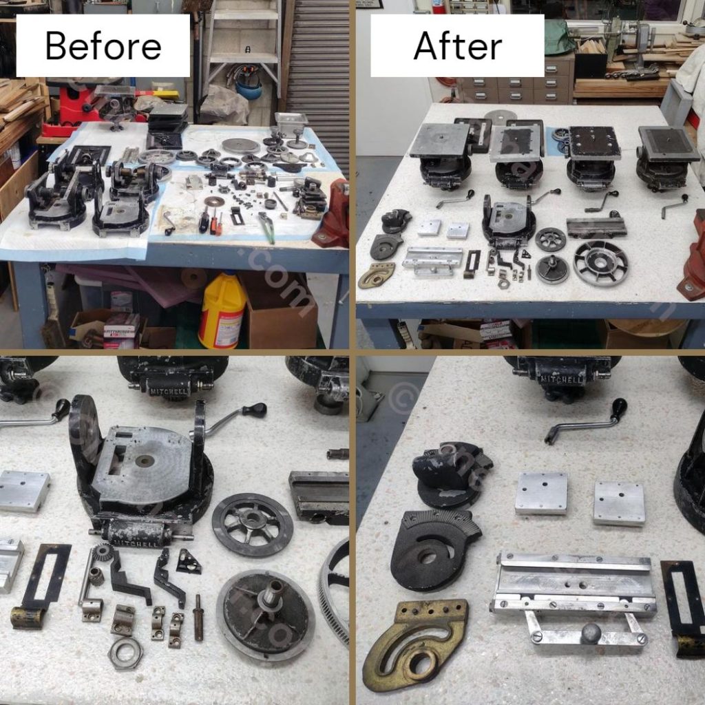 A before and after comparison of the Mitchell Geared Heads and the pieces that were left over when I was finished.