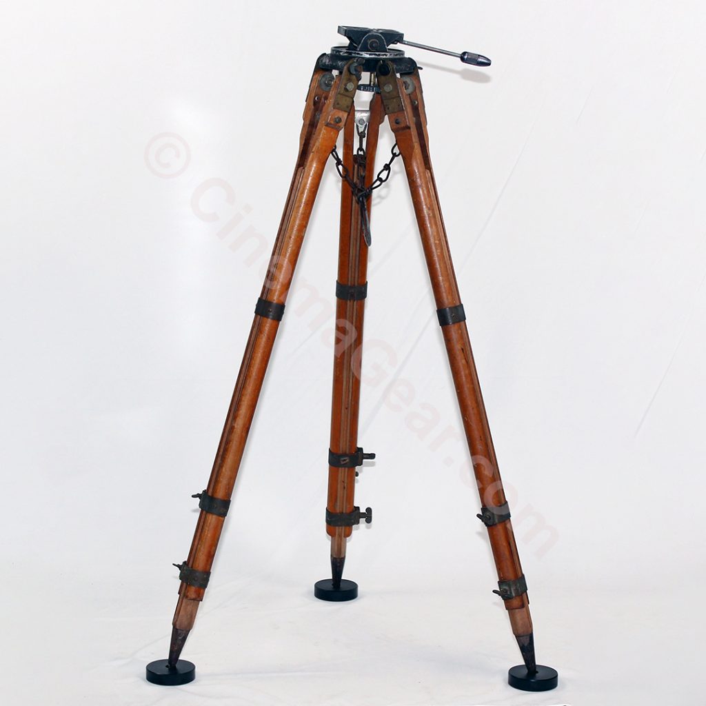 A full view of the lightweight wooden tripod with integrated pan/tilt head.