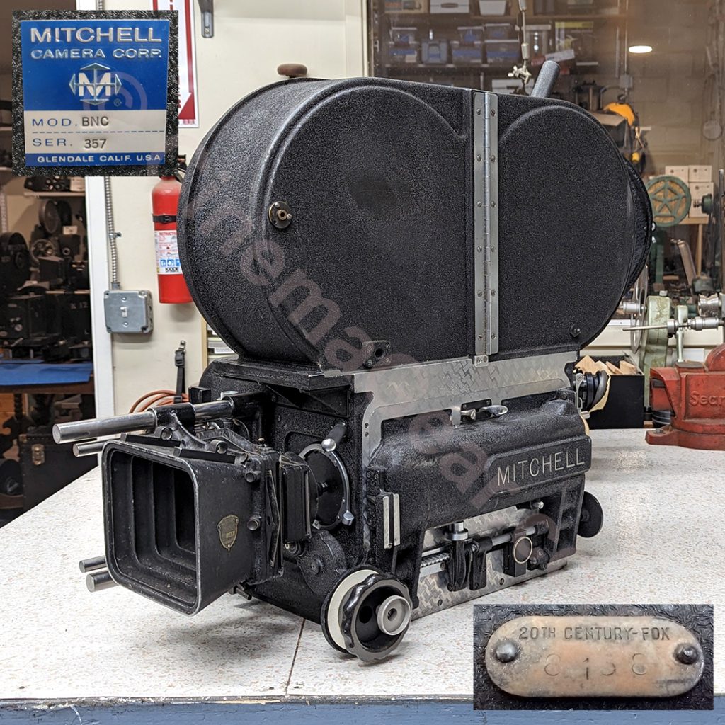 A ¾ view of Mitchell BNC rackover camera #357 with insets of the Mitchell serial number badge and an inventory tag from 20th Century Fox.