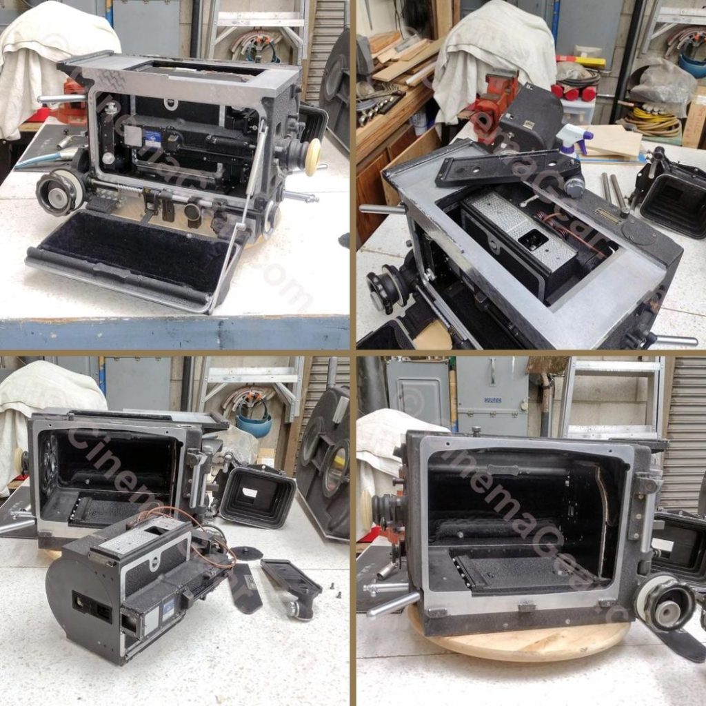 Four views of the process of rackover the Mitchell BNC camera out of its blimp for repair.
