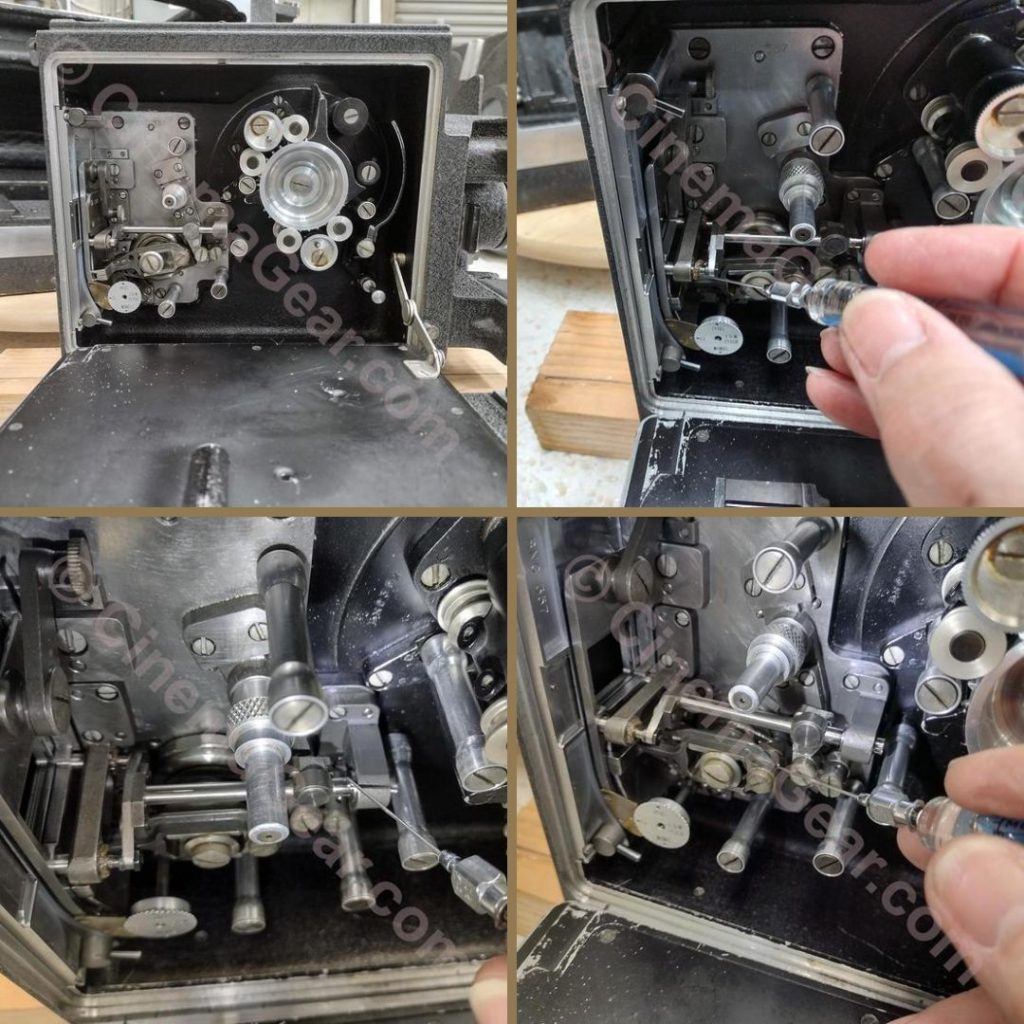Four views of the Mitchell BNC camera during the servicing and lubrication process.