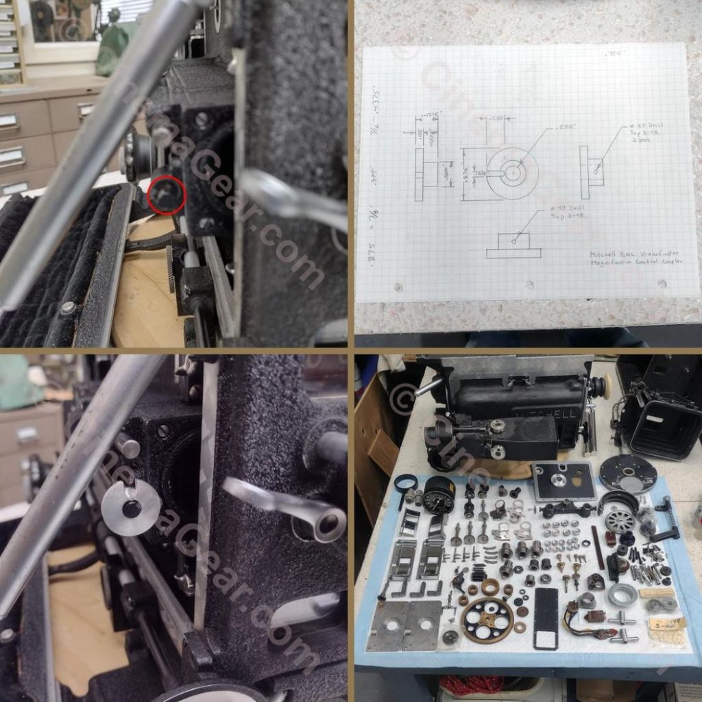 Three views of the process of repairing the viewfinder magnification control, showing the missing disc, the drawing of the part for machining, and the new disc installed, plus a shot of the Mitchell parts included in the collection we recently acquired.