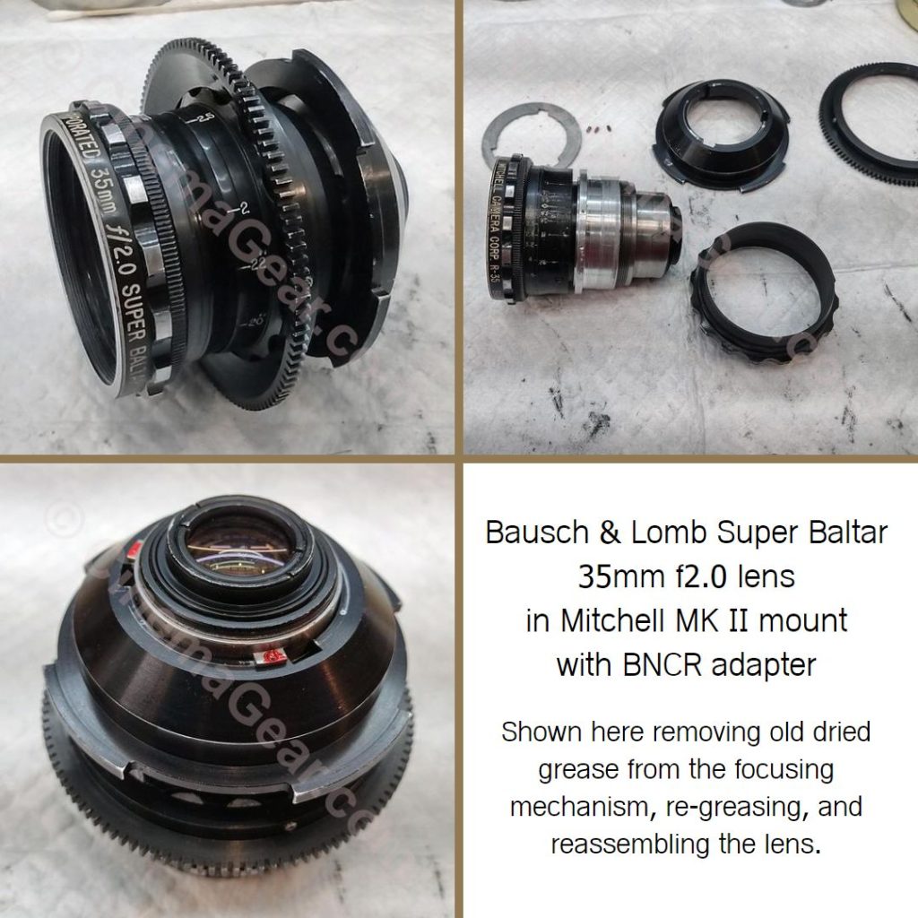 Three views of the Super Baltar 35mm lens disassembled for cleaning and repair.
