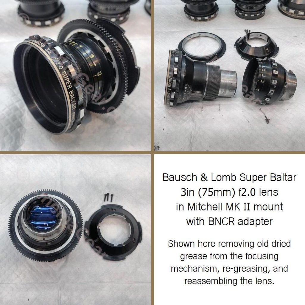 Three views of the Super Baltar 75mm lens disassembled for cleaning and repair.