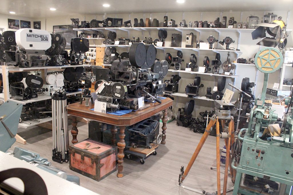 A view of our CinemaGear showroom with a variety of Mitchell, Bell and Howell Arriflex, Kodak, Auricon, and other motion picture cameras and accessories