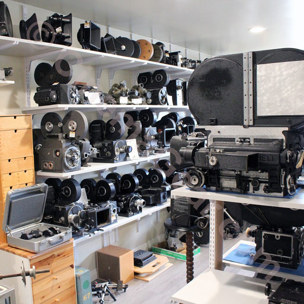 A view of our CinemaGear showroom with a variety of Mitchell, Bell and Howell Arriflex, Kodak, Auricon, and other motion picture cameras and accessories