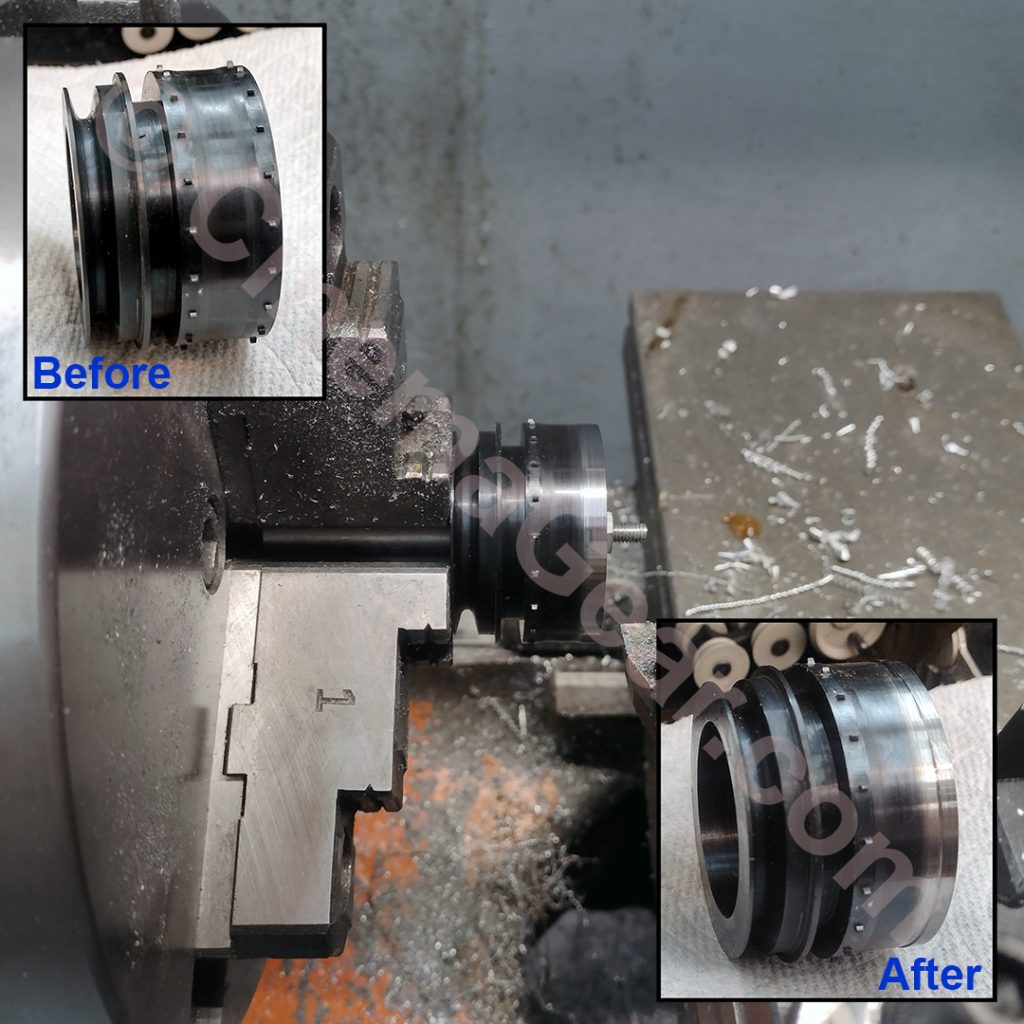 Sprocket removed from the camera with an insert (top left) showing the sprocket before modification, the sprocket mounted on the lathe for the removal of the outboard teeth, and an insert (bottom right) showing the sprocket teeth removed and the area polished