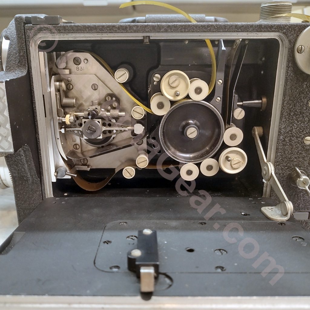 A look inside the Mitchell 16 Pro with the modified movement reinstalled and single perforated film threaded