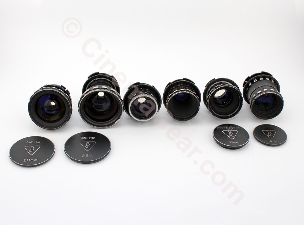 A group shot of the set of six Bausch & Lomb Super Baltar lenses, in 20mm, 25mm, 35mm, 50mm, 75mm, and 100mm focal lengths.