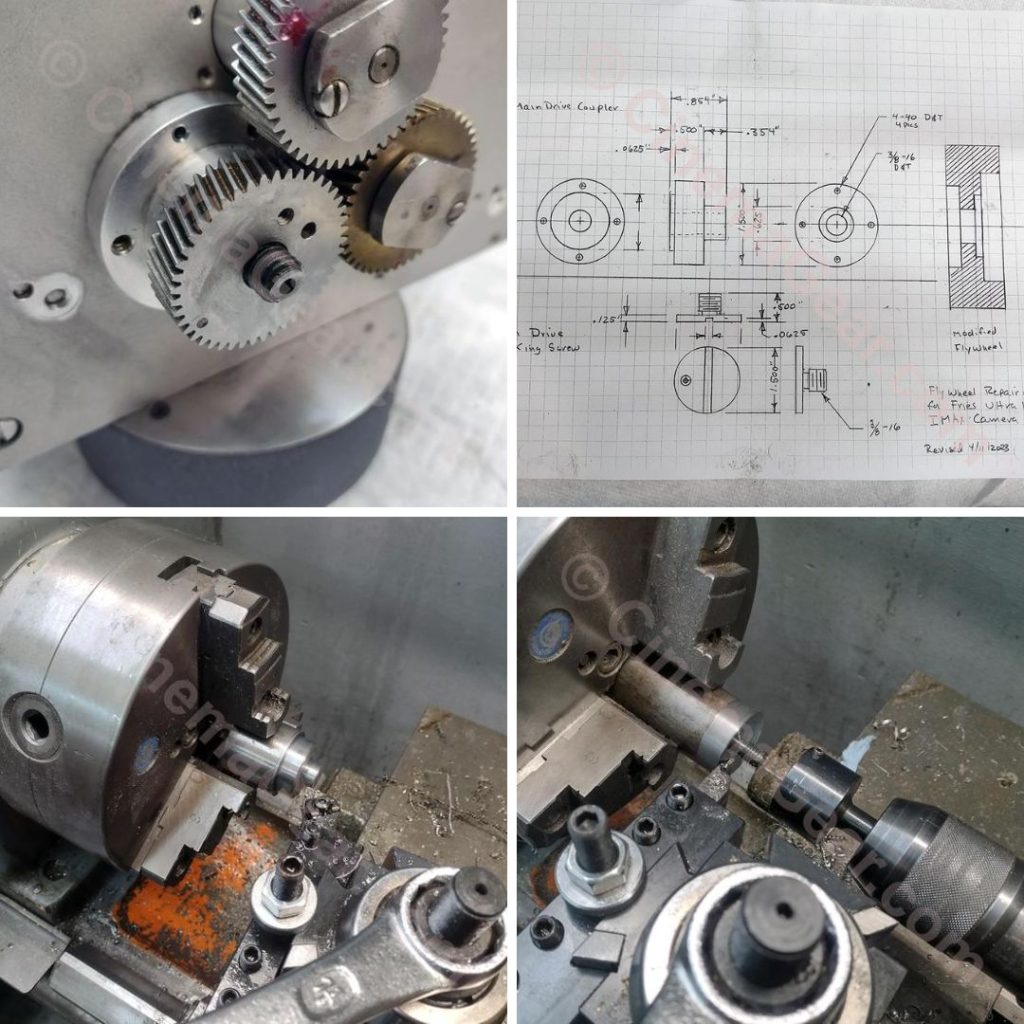 A four panel grid showing, top left, the main movement timing gear, top right, the revised sketch for the new coupling to be machined, bottom left and right show parts of the machining process for the new coupling.