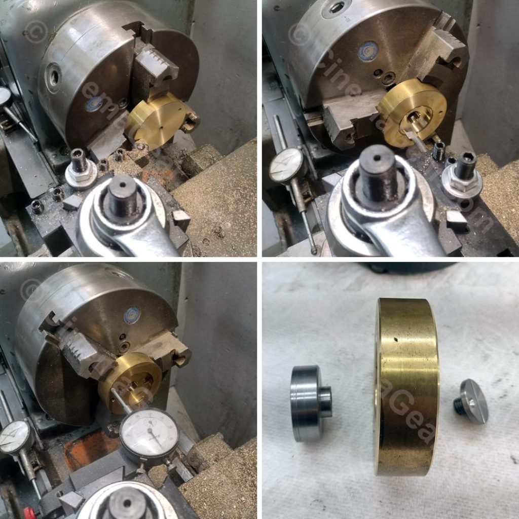 A four panel grid showing, top left, the damaged areas of the flywheel being machined away, top right, one of the two pockets being machined in the flywheel, bottom left, shows one of the many times the flywheel was indicated being true and straight during machining, and bottom right, shows the new hub, the flywheel, and the new hub retaining screw.