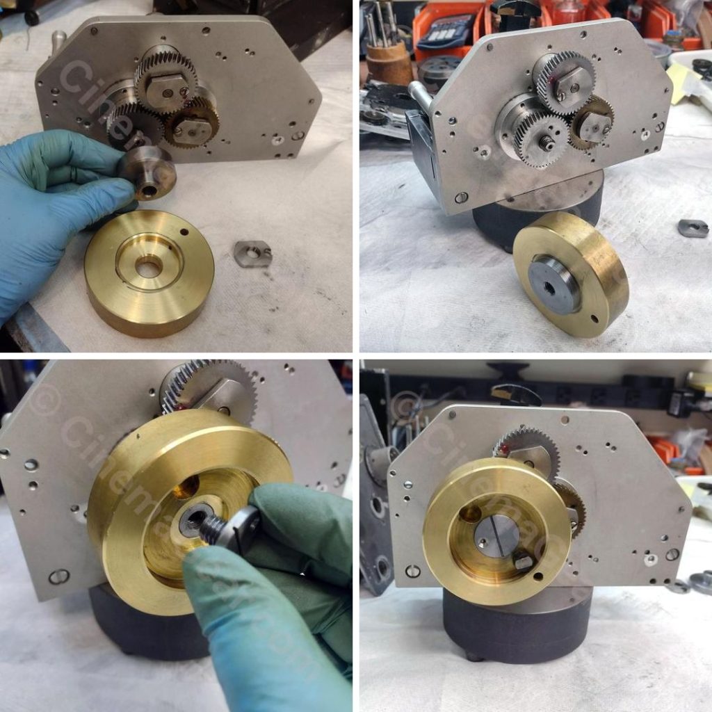 A four panel grid showing, top left and right, the new hub being mounted to the movement drive shaft, bottom left, shows the hub retaining screw being put in place, and bottom right shows everything temporarily assembled.