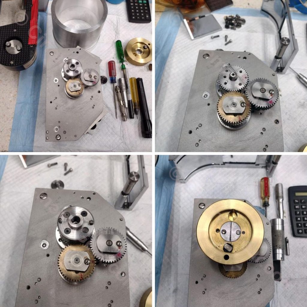 Four panel grid showing (top left) the hub with the 4 screws in place, (top right) the positions for the dowel pins on the timing gear, (bottom left) the dowel pins installed on the timing gear, and (bottom right) the flywheel mounted to the new hub.