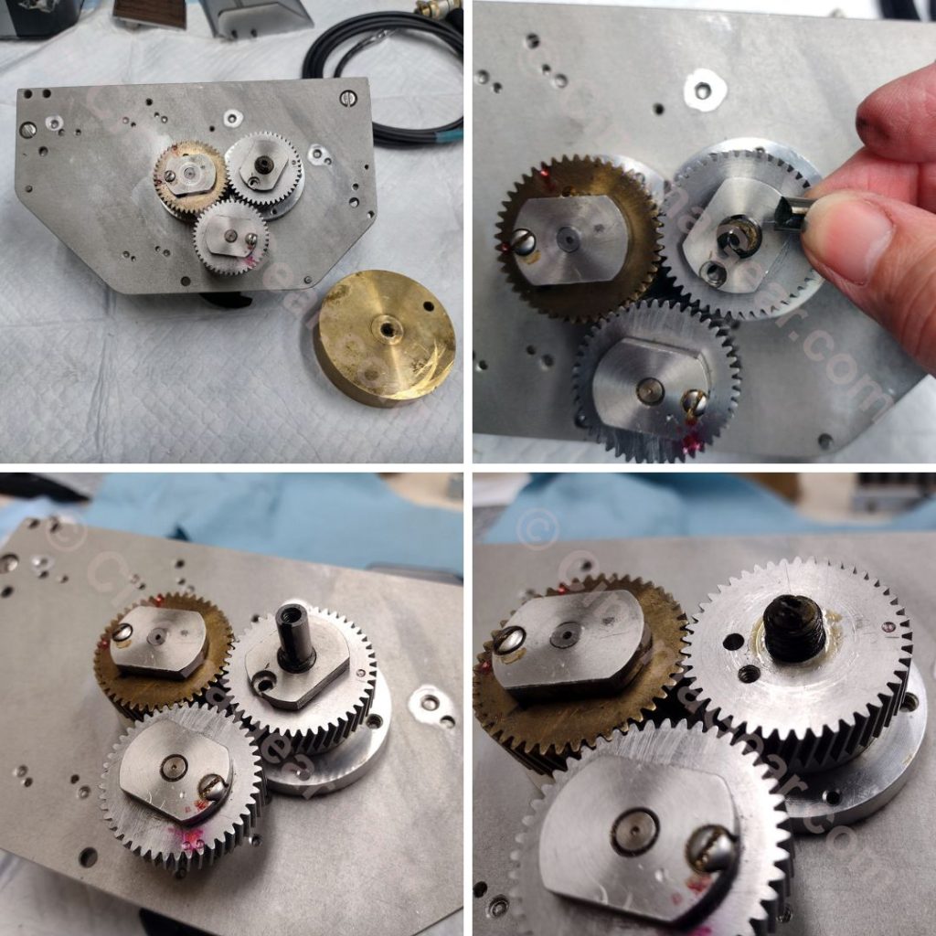 A grid showing the 3 gears that hold the pull-down claw and registration pins in time on the top left, the sheared off drive shaft that the flywheel once mounted it in the top right, demonstrates how the original drive shaft looked before it was sheared off in the bottom left, and the place where the new coupling will fasten to the pull down claw timing gear on the bottom right.