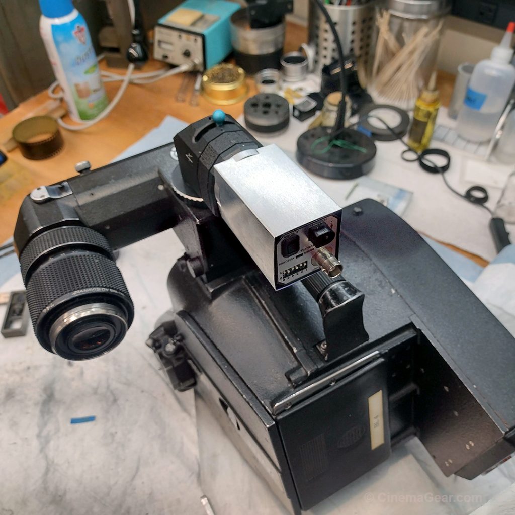 Testing the fit of the protective sleeve to cover the repaired video tap on the Arri 35 BL 4S