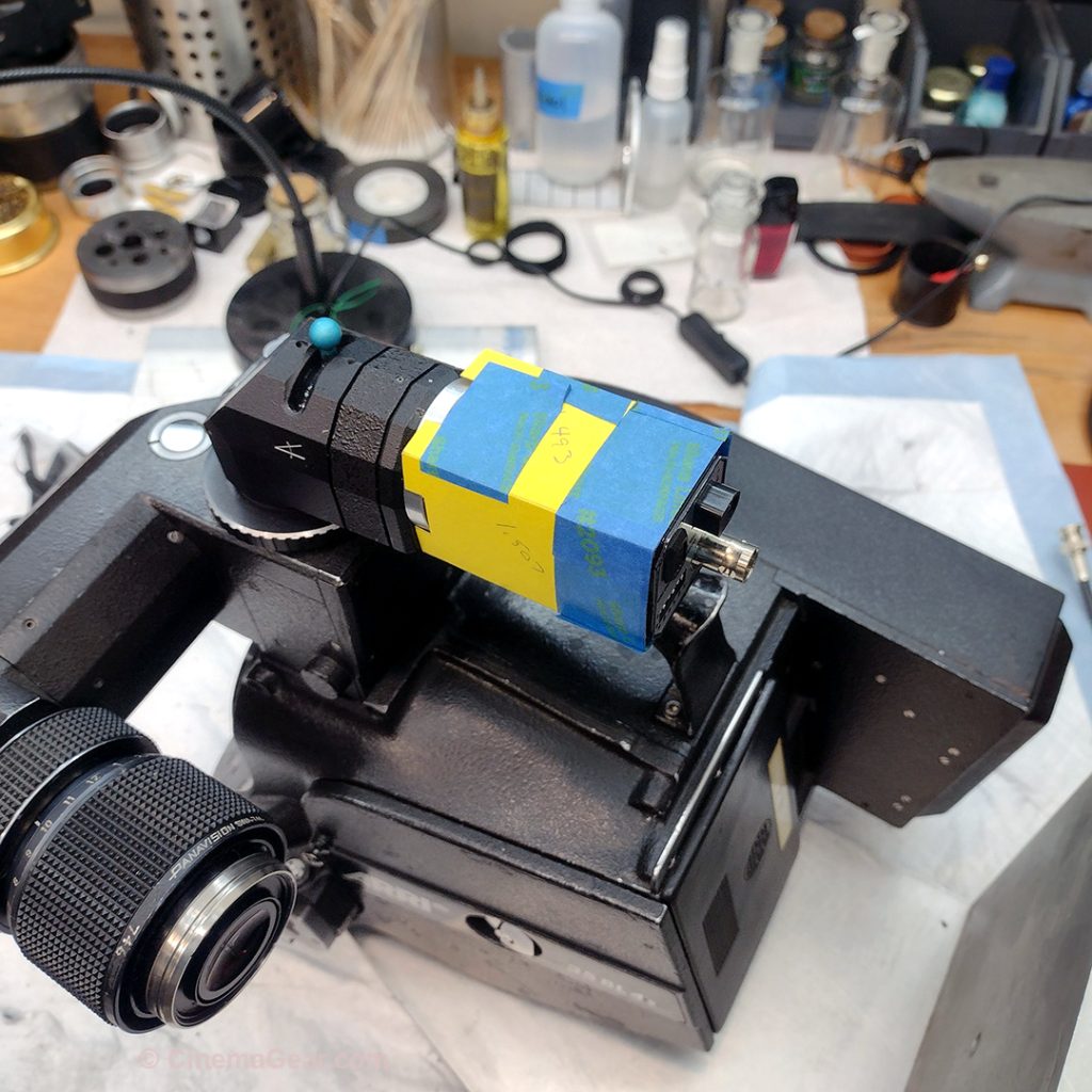 Planning out the protective sleeve to cover the repaired video tap on the Arri 35 BL 4S