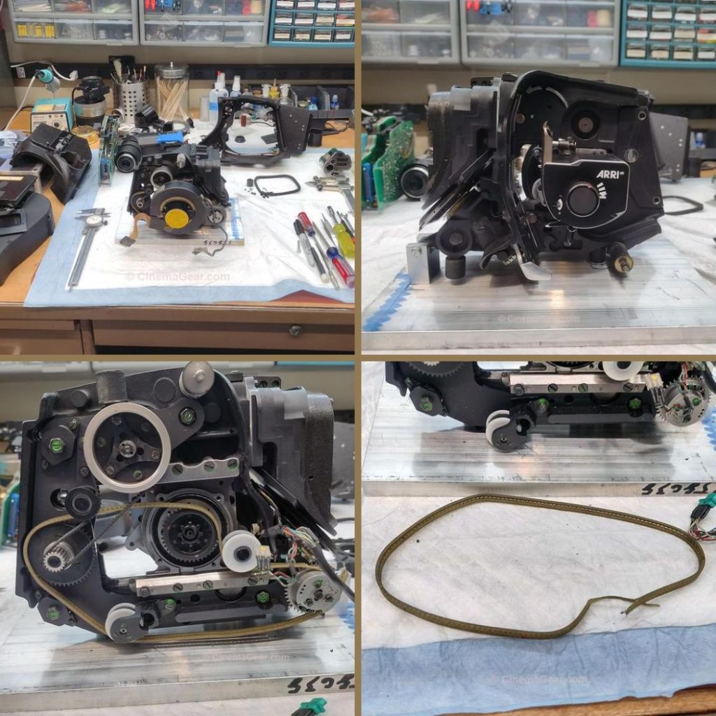 A four panel grid showing: (top left) the mid-rib of an Arri 35 BL 4S removed from its housing, (top right) the location of the screws that hold the motor in place, (bottom left) the broken main drive belt before it was removed from the camera, (bottom right) the broken main drive belt removed from the camera.