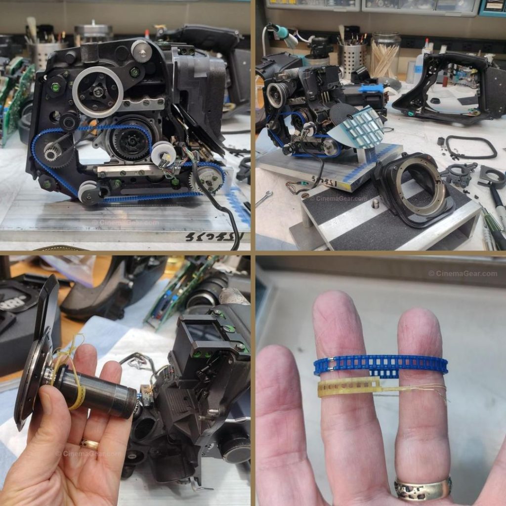 A four panel grid showing: (top left) the replacement Pic main drive belt installed in the camera, (top right) the removal of the left mount, (bottom left) the shutter assembly removed from the camera with its damaged belt, (bottom right) closeup of the original Arriflex belt (bottom) and the replacement Pic belt (top).
