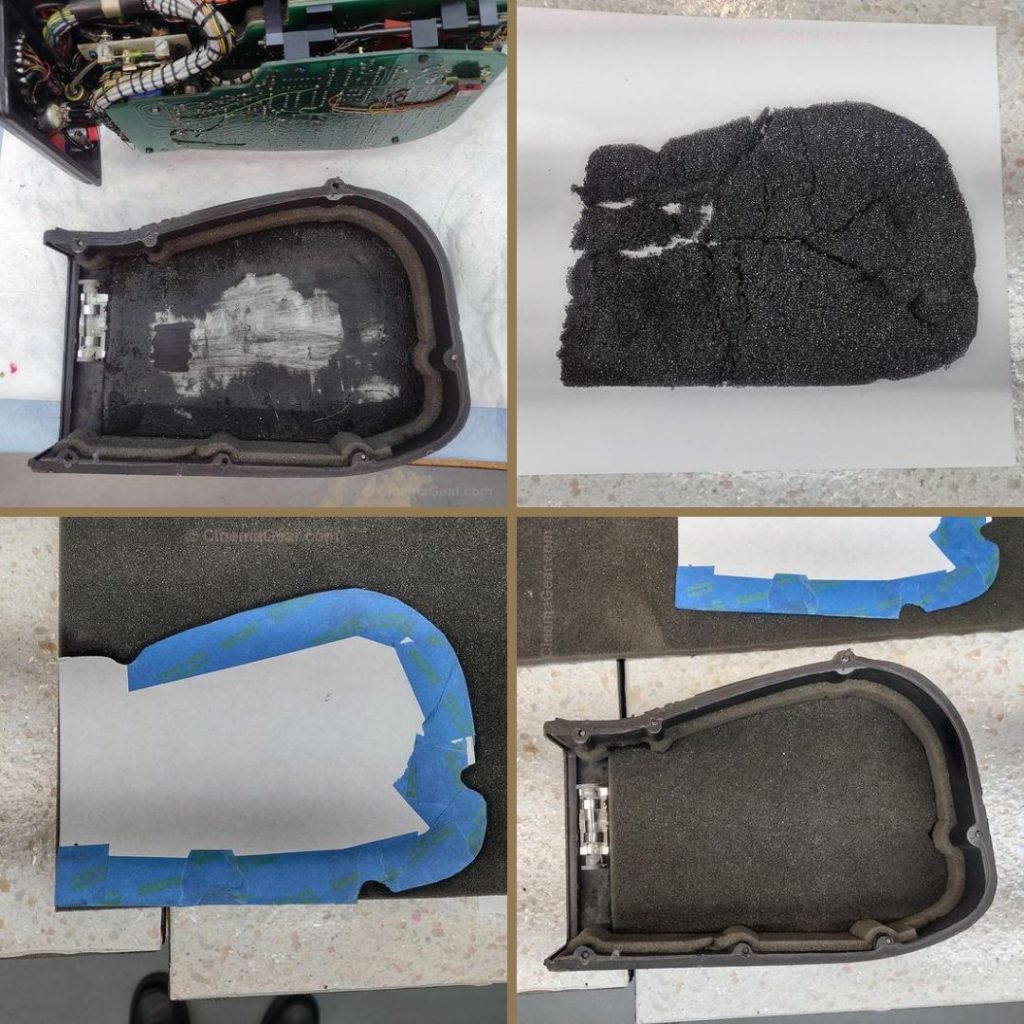 A four panel grid showing: (top left) decayed insulating foam inside the motor cover, (top right) decayed foam removed from the motor cover, (bottom left) pattern to cut a new piece of insulating foam, (bottom right) new insulating foam installed in the motor cover.
