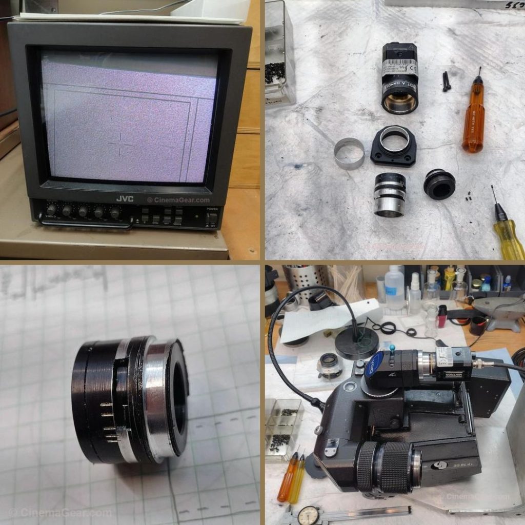 A four panel grid showing: (top left) image from the broken video tap, (top right) broken pieces of the video tap, (bottom left) closeup on the broken video tap lens, (bottom right) first stage of machining replacement parts for the broken video tap.