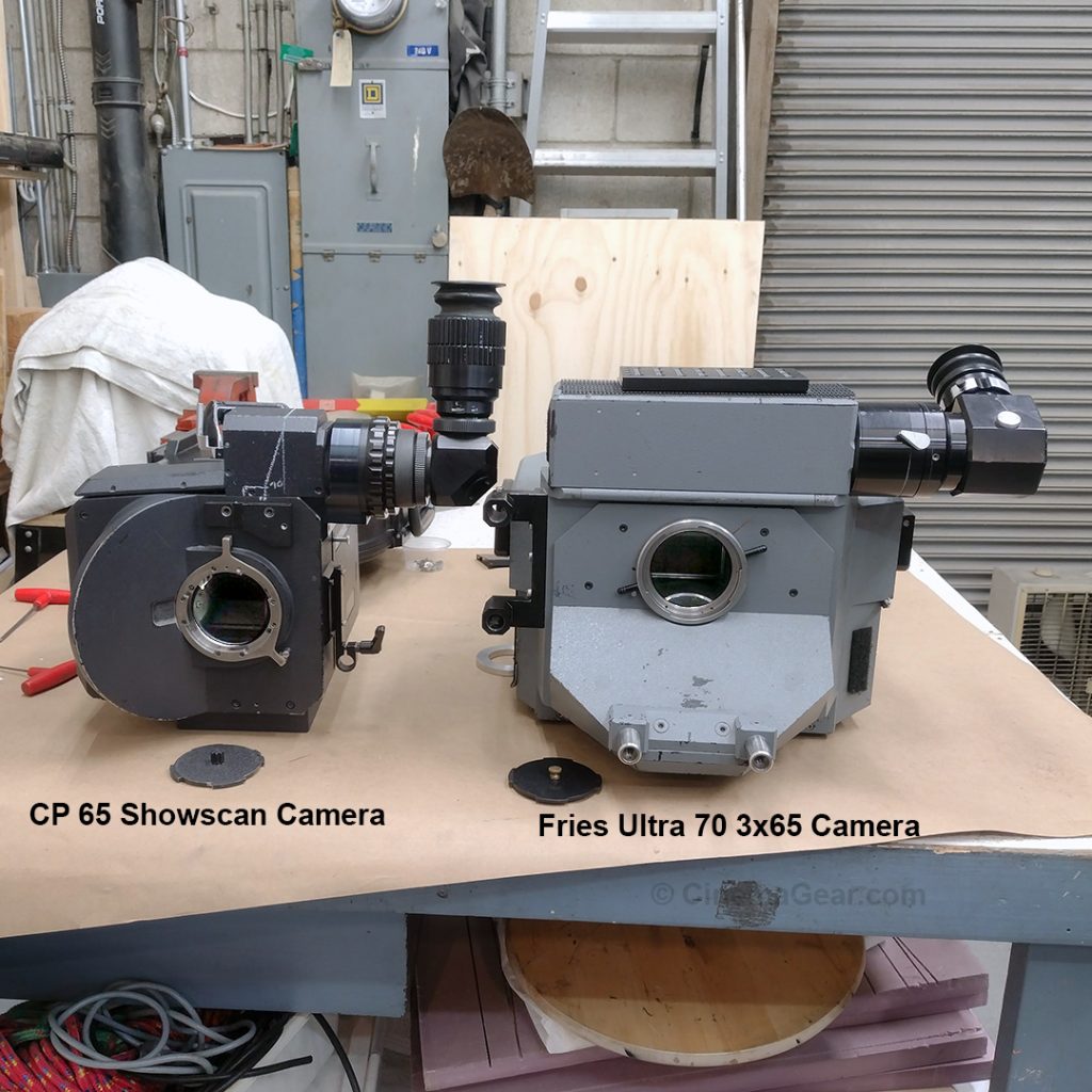 An image of a CP 65 Showscan camera (left) and a Fries Ultra 70 3x65 IMAX format camera (right).
