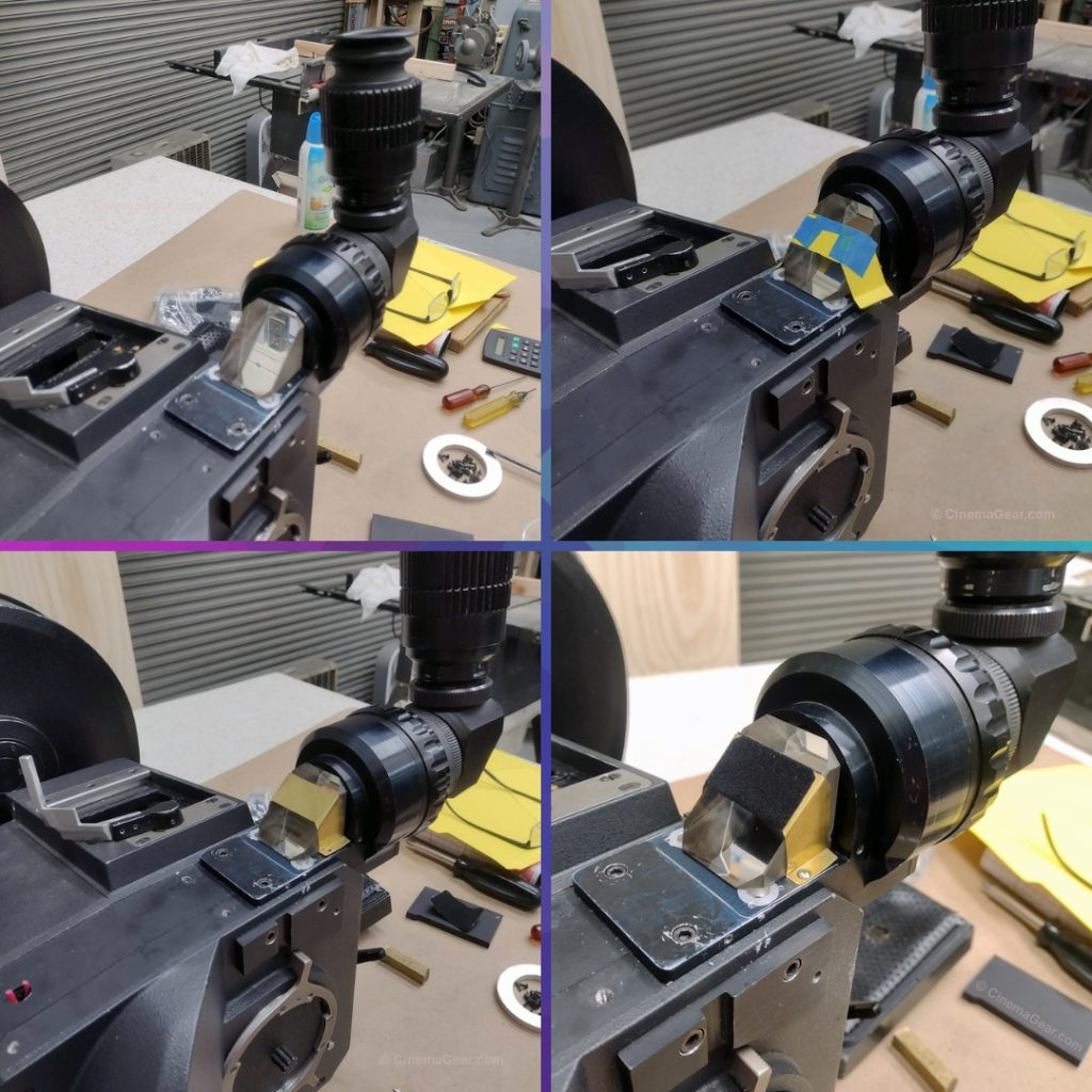 Fitting a replacement prism for the viewfinder on the Showscan CP 65 sn. 101.