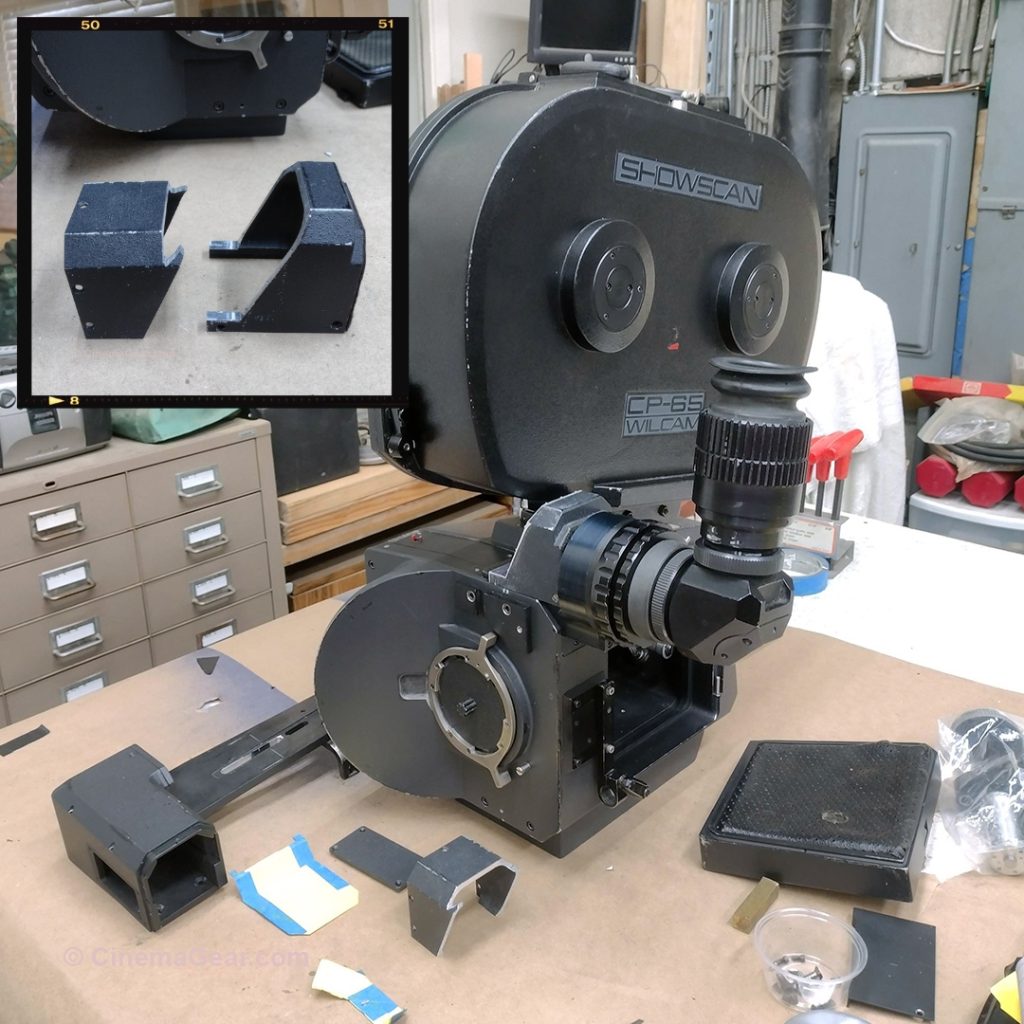 Shows that the magazine can now be properly mounted on Showscan CP 65 sn. 101, with an inset of the new prism housing and the machined off part.