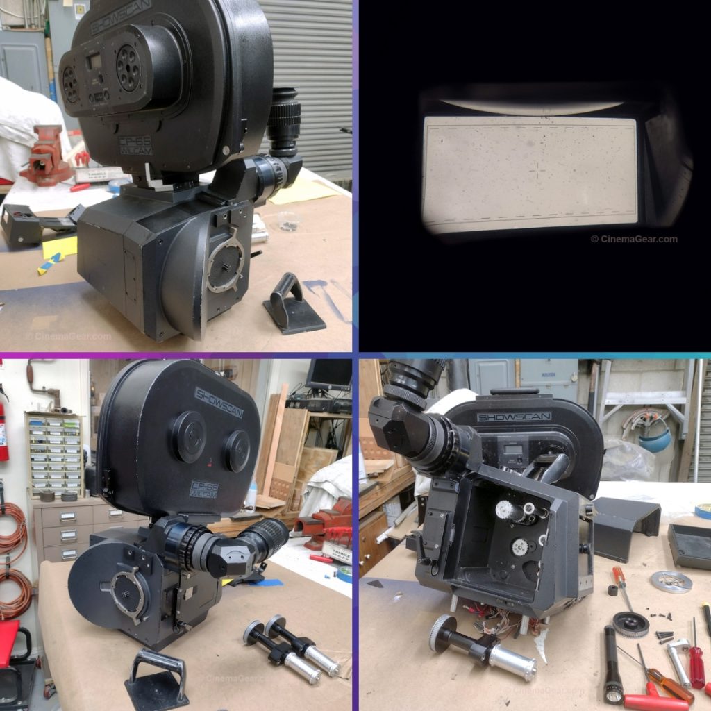 The Showscan CP 65 sn. 101 with the cover plates painted and installed on the viewfinder prism housing and over the video tap mounting point. Looking through the viewfinder of the camera and seeing the ground glass. Preparing to install the upper and lower sprockets.