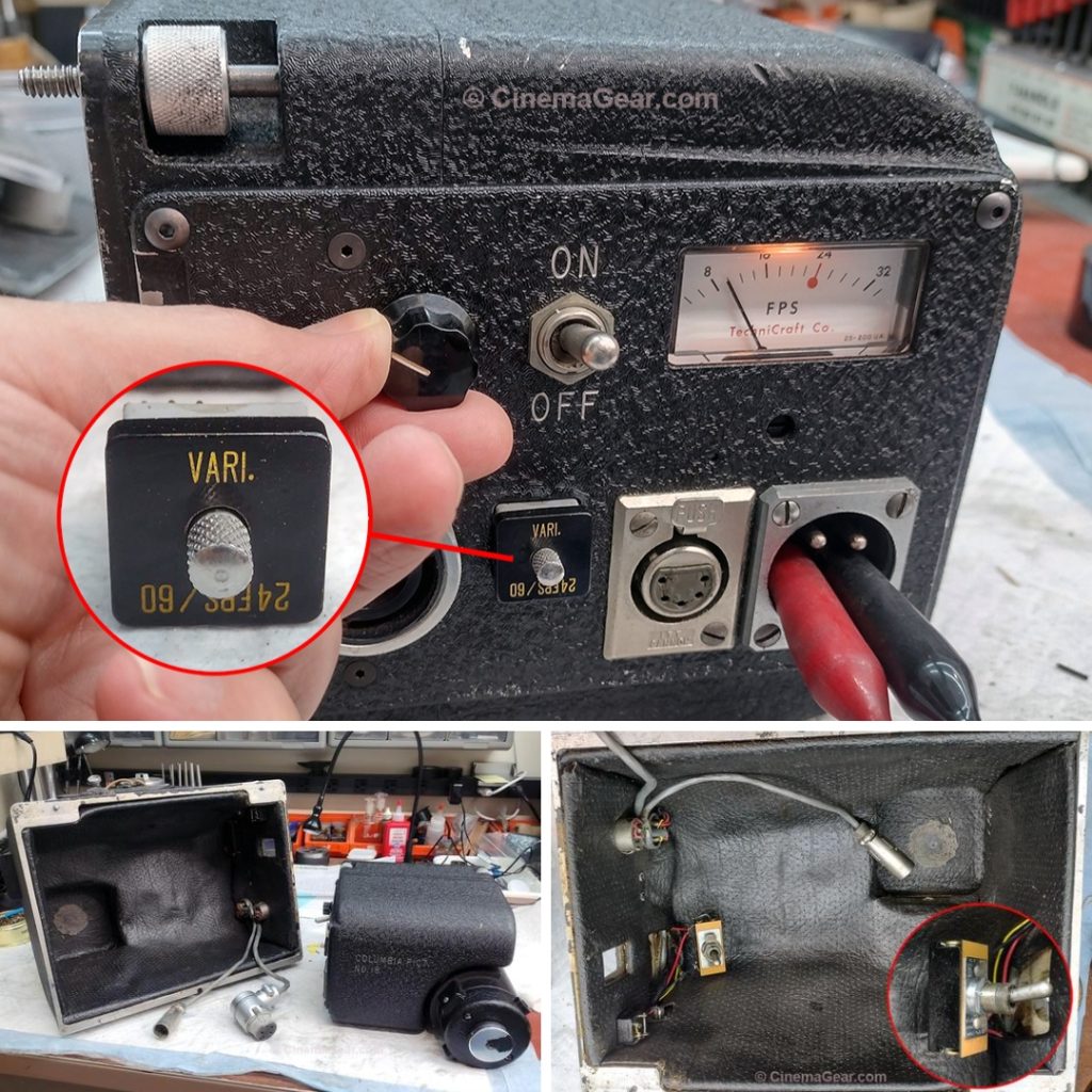 A close-up on the module that converts from 24 fps to variable speed, a view of the motor and of the inside of the motor blimp housing, and a close-up on the broken on/off switch still needing repair in the blimp housing for rackover Mitchell BNC #357