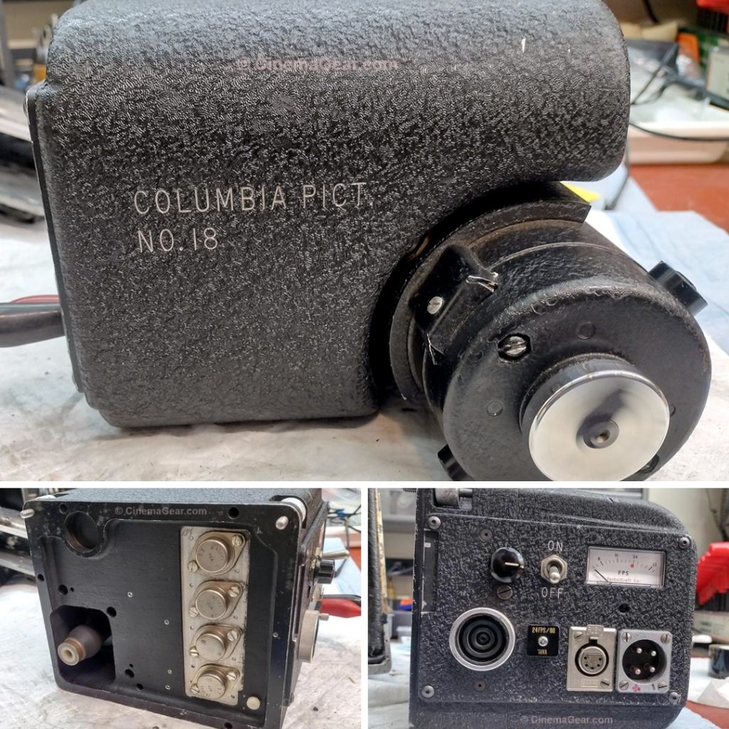 A side view of the TechniCraft motor with the Columbia Pictures engraving, the camera side of the motor, and a close-up of the motor control panel.
