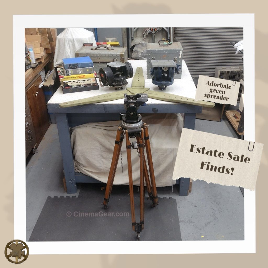 An overview of all of our estate sale finds, including an O’Connor 100 fluid head, a Technicolor friction head, an Arriflex 2B/2C friction head and tripod, a wooden spreader, and a collection of books.